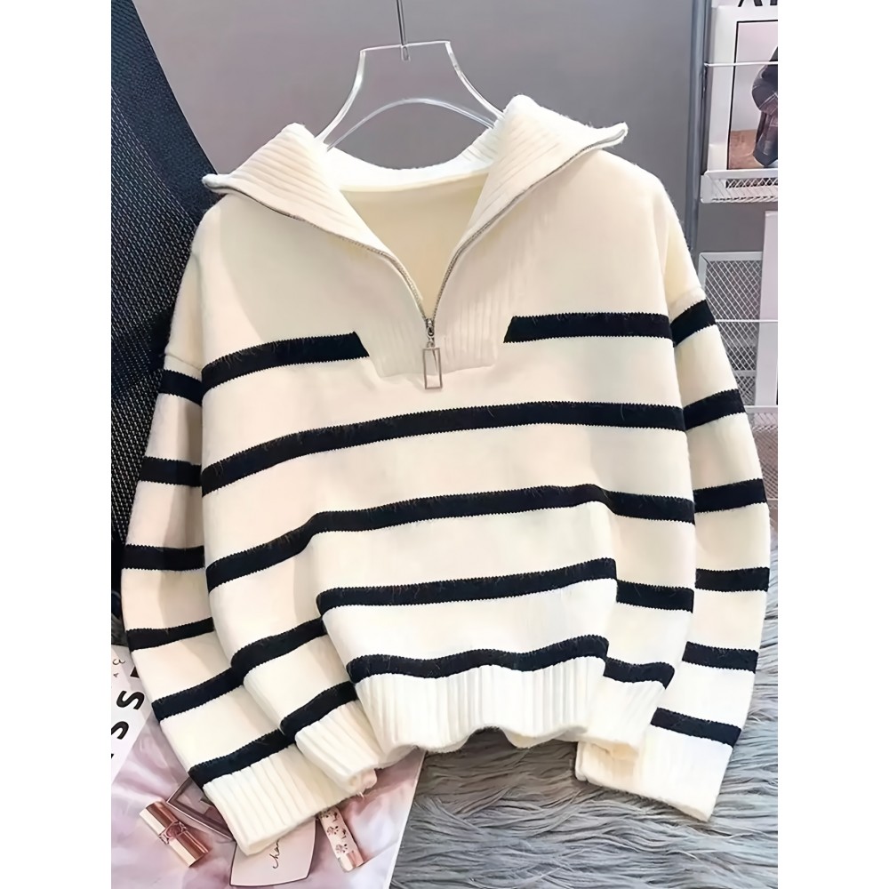 Women's Elegant White & Black Striped Winter Sweater - Thickened Long Sleeve Round Neck Zipper Collar Pullover, Soft Sweater for Fall & Winter, Casual to Formal Outfits, Machine Washable (/Beige/Gray/Black) - Versatile Layering Piece with Contrast Stripes, Medium Stretch Fabric, and Chic Zipper Detail for a Tailored Look, Cozy Sweaters for Women, Casual Long Sleeve Sweater, Womens Print Sweaters, Cardigan for Women Winter, Winter Top for Women, Sweaters for Women Office,