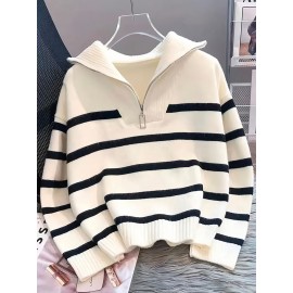 Women's Elegant White & Black Striped Winter Sweater - Thickened Long Sleeve Round Neck Zipper Collar Pullover, Soft Sweater for Fall & Winter, Casual to Formal Outfits, Machine Washable (/Beige/Gray/Black) - Versatile Layering Piece with Contrast Stripes, Medium Stretch Fabric, and Chic Zipper Detail for a Tailored Look, Cozy Sweaters for Women, Casual Long Sleeve Sweater, Womens Print Sweaters, Cardigan for Women Winter, Winter Top for Women, Sweaters for Women Office,