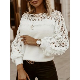 Women's Off-Shoulder Sweater with Puff Sleeves & Lace Cut-Outs - Semi-Sheer Long Sleeve Pullover for Fall Winter, Casual Chic Layering Top, Sweater, Intricate Knitwork