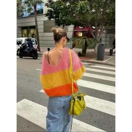 Women'S Elegant French-Inspired V-Neck Long Sleeve Cardigan - Gradient Green to Yellow, Open Front Design, Lightweight & Breathable for Spring/Fall, Perfect for Casual or Stylish Outfits, Spring Outerwear, Relaxed Fit, Soft Texture, Women Jumper And Sweater, Jumper Women Winter, Fall-autumn Clothe For Women, Pink Jumper, White Pink Fabric Strip, Off-shoulder Long Sleeve, Asymmetric Mustard Sweater, Winter For Women Outfit