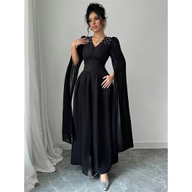 Women'S Elegant V-Neck Maxi Dress with Pearl Accents - Long Formal Party Wedding Guest Dress, Flattering Fit for Summer Events, Formal Events, Parties, Wedding Guest Attire, Vneck Design, Flowy Fabric