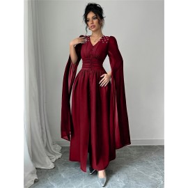 Women'S Elegant V-Neck Maxi Dress with Pearl Accents - Long Formal Party Wedding Guest Dress, Flattering Fit for Summer Events, Formal Events, Parties, Wedding Guest Attire, Vneck Design, Flowy Fabric