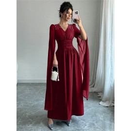 Women'S Elegant V-Neck Maxi Dress with Pearl Accents - Long Formal Party Wedding Guest Dress, Flattering Fit for Summer Events, Formal Events, Parties, Wedding Guest Attire, Vneck Design, Flowy Fabric