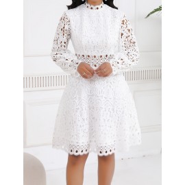 Women'S Elegant Red Lace Dress with Stand Collar & Short Sleeves - A-Line Silhouette, Zipper Back Closure, All-Season Formal & Casual Party Wedding Guest Dress
