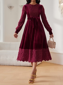 [Elegant Burgundy Dress] Elegant Burgundy Women's Dress | Long Lampshade Sleeves, Flared Hem, Belted Waist | A-Line Party, Office, Wedding Attire HRYY347