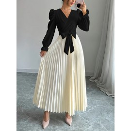 Women's Elegant V-Neck Long Sleeve A-Line Dress with Waist Tie Belt - Pleated Skirt, Machine Washable Solid Color, Spring/Summer Versatile Casual to Formal Wear, Spring Event Attire, Nontransparent Fabric, No Stretch Material
