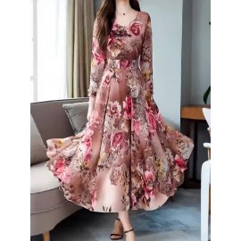 Elegant Women's V-Neck Floral Print Dress with Fitted Bodice & Flowy Skirt - Machine Washable, All-Season Versatile for Casual to Formal Occasions, No Stretch Fabric, Zipper Closure