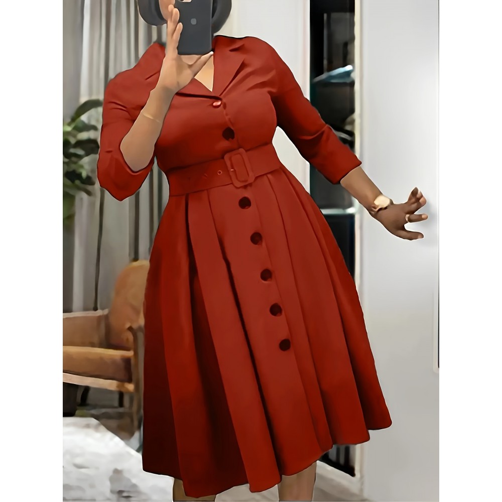 Single Breasted Three-quarter Sleeve Dress, Stylish Solid Lapel Collar Belted A-line Dress For Spring & Fall, Women's Clothing