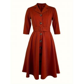 Single Breasted Three-quarter Sleeve Dress, Stylish Solid Lapel Collar Belted A-line Dress For Spring & Fall, Women's Clothing