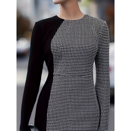 Women'S Elegant Long Sleeve Dress - & Checkered Pattern, Zipper Closure, Formal & Everyday Chic Outfit, Machine Washable Non-Stretch Fabric for Women, All-Season Versatile Party Wedding Office Dress, Dresses for Wedding Guest
