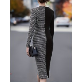 Women'S Elegant Long Sleeve Dress - & Checkered Pattern, Zipper Closure, Formal & Everyday Chic Outfit, Machine Washable Non-Stretch Fabric for Women, All-Season Versatile Party Wedding Office Dress, Dresses for Wedding Guest