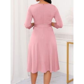 Elegant Slim Fit Solid Color Midi Dress with Waist Tie and Button Front - Chic Flared Silhouette, Long Sleeves, and Belted Waistband for a Sophisticated Look, A-Neck Style, Perfect for All Seasons, Stylish Women'S Dress, Perfect for Parties and Events