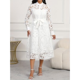 Spring/Autumn Women's Dress, Elegant Cut-Out Waist, Wedding/Date, Stand Collar White Lace Midi Dress WJ252