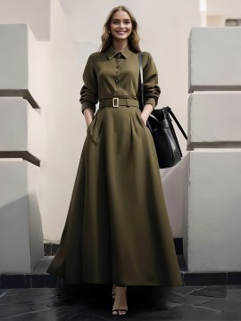 Elegant Slimming Waist-Cinching A-Line Dress with Button Detail - Polyester, Machine Washable - Perfect for All Seasons