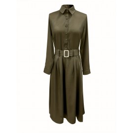 Elegant Slimming Waist-Cinching A-Line Dress with Button Detail - Polyester, Machine Washable - Perfect for All Seasons