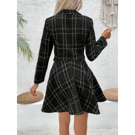 [Houndstooth Suit Dress] Women's Houndstooth Suit Dress | Double-Breasted A-Line Jacket & Dress | Structured Fit Short-Medium Length | Weddings, Business, Office | Black/White/Beige Trench Coat Style (Machine Washable)