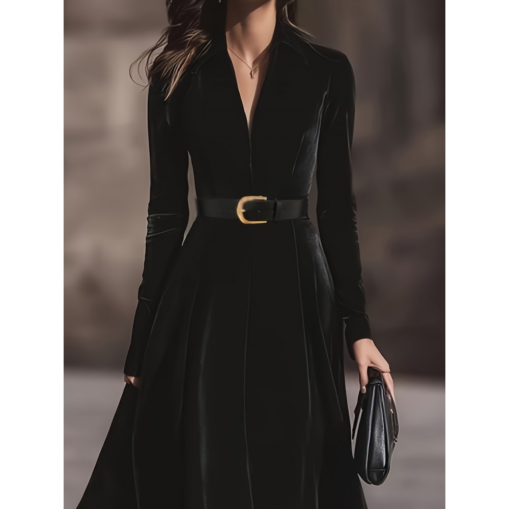 Women'S Elegant Vintage Black Velvet Maxi Dress with Deep V-Neck & Metallic Belt - Long Sleeve A-Line Floor-Length Formal Evening Gown for Fall/Winter, Sophisticated Party Wedding Attire, Winter Formal Wear, Sophisticated Style, Highquality Fabric