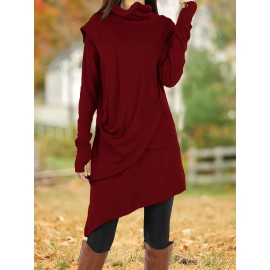 Women'S Fashion Long Sleeve High Neck Asymmetrical Tunic Dress, Solid Color, Polyester, Casual Style, Pencil Skirt, All-Season, Knit Fabric, Adult Size