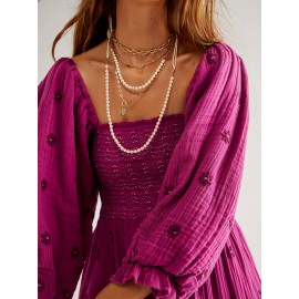 Women'S Floral Embroidered Maxi Dress with Puff Sleeves, Square Neck, Draped Tiered A-Line Skirt, 100% Polyester, Casual Summer Knit Fabric - Flowy Long Dress