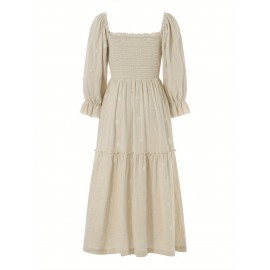 Women'S Floral Embroidered Maxi Dress with Puff Sleeves, Square Neck, Draped Tiered A-Line Skirt, 100% Polyester, Casual Summer Knit Fabric - Flowy Long Dress