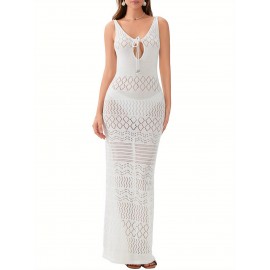 Women'S Crochet Long Dress Sleeveless V Neck Hollow Out Solid Color Dress Beach Coverups