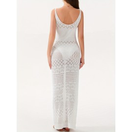 Women'S Crochet Long Dress Sleeveless V Neck Hollow Out Solid Color Dress Beach Coverups
