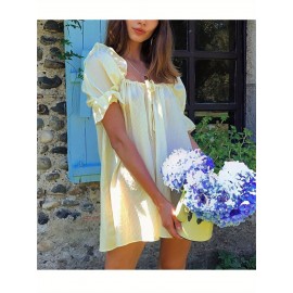 Womens Striped Babydoll Dress Loose Ruffle Trim Scoop Neck Puff Sleeve Backless Mini Dress for Daily Party Club