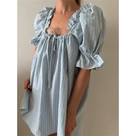 Womens Striped Babydoll Dress Loose Ruffle Trim Scoop Neck Puff Sleeve Backless Mini Dress for Daily Party Club