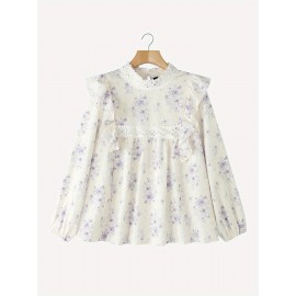 [Floral Lace Blouse] Plus Size, Women's Plus Size Blouse - Floral Lace Accent Shirt With Stand Collar - Lightweight Elegant Office & Party Top - Non-See-Through Formal & Casual Outfits - Machine Washable Women's Clothing By ZANZEA