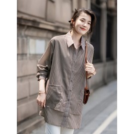 Plus Size, Fall Turn- Collar Loose Fit Versatile Striped Casual Comfortable Commuter Top Plus Size Women's Clothing, Everyday Top, Casual Wear, Striped Blouse, Relaxed Fit Shirt, Durable Construction, Breathable Material, Women's Blouse, Stylish Tee, Office Casual, Working Women