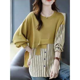 [Plus Size Women's Stylish] Plus Size Women's Stylish Fashionable Round Neck Spliced Striped Shirt Top | Button Up Long Sleeves Evening Tops Blouses High Quality