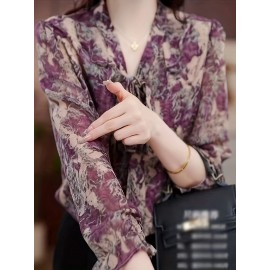 Plus Size - Elegant Floral Print Blouse with Tie-Neck Detail - Long Sleeve, Button-Up Shirt for Women, Black & White Swirl Design, Perfect for Casual or Formal Occasions, Versatile Fashion Piece | Tie Neck Blouse | Nonstretch Fabric