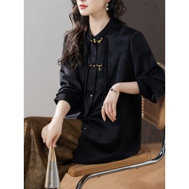 [Plus Size Retro Jacquard Shirt] Autumn New Retro Jacquard Plus Size Button-Up Shirt for Women | Loose Fit Long Sleeve Blouse with Stand Collar, Solid Color Casual Chic Top for Spring & Fall, Comfortable T-Shirt, Spring Fashion, Elegant Design, Durable Fabric, Stylish