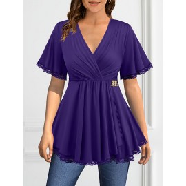 Plus Size, Plus Size Women's Elegant V-Neck Crossover Blouse with Lace Sleeves & Metallic Accents - Slim Fit Chic Top for Evening Outings, Machine Washable Spring/Summer/Fall Shirt, Formal Plus Size, Nontransparent Fabric, Party Wear, Breathable Material, Stylish Ladies