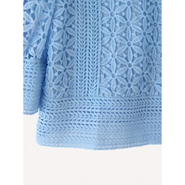 Plus Size, ZANZEA Women's Lace Patchwork Blouse - Semi-Sheer Short Sleeve Top with Round Neck, Soft Pastel Blue Summer Shirt, Machine Washable Elegant Casual & Formal Wear (Lightweight Layered Outfit Essential)