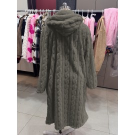 Plus Size - Women'S Plush Fleece Coat - Elegant Hooded Winter Jacket with Double-Breasted Front Closure, Soft Plush Collar & Full-Length Zipper