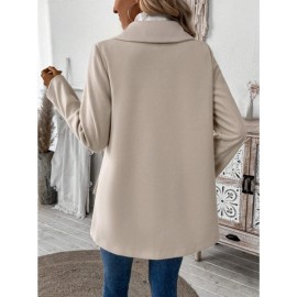 Plus Size, Women's Elegant Beige Coat - Long Sleeve Double Button Blazer, Structured Non-Stretch Jacket for Office, Formal Events & Everyday - Machine Washable Women's Outerwear, Casual Chic Apparel, Turndown Collar, Classic Tailoring