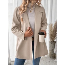 Plus Size, Women's Elegant Beige Coat - Long Sleeve Double Button Blazer, Structured Non-Stretch Jacket for Office, Formal Events & Everyday - Machine Washable Women's Outerwear, Casual Chic Apparel, Turndown Collar, Classic Tailoring