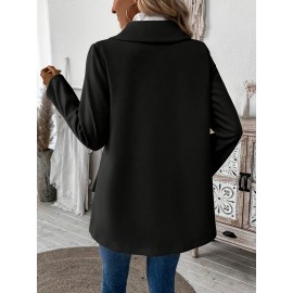 Plus Size, Women's Elegant Beige Coat - Long Sleeve Double Button Blazer, Structured Non-Stretch Jacket for Office, Formal Events & Everyday - Machine Washable Women's Outerwear, Casual Chic Apparel, Turndown Collar, Classic Tailoring