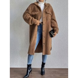 Plus Size, Women's Plus Size Oversized Faux-Fur Collar Lapel Coat - Elegant Winter Jacket with Lapel Collar & Pockets, Notch Lapel Button-Front Blazer, Machine Washable Large Coat for Fall/Winter, Casual & Formal Wear (Teddy Bear Style) - Warm