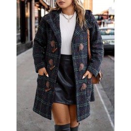 Plus Size, Plus Size Women's Elegant Tweed Coat with Double-Layer Hood & H-Line Silhouette - Knee-Length Button-Front Winter Jacket, Spacious Warm Outerwear for Fall/Winter, Casual to Dressy Occasions (Machine Washable)