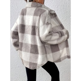 Plus Size, Women's Plus Size Elegant Plaid Jacket with Teddy Bear Collar & - Cozy Winter Coat, Black & White Check Pattern, Button Front Closure, Machine Washable Long Sleeve Outerwear for Fall/Winter (Casual to Formal) - Warm