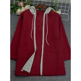 Plus Size - European And American Autumn And Winter Fashion Elegant Faux Two-Piece Cardigan with Pockets And Drawstring Hood, Long Plus-Size Women'S Coat.