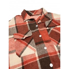 Plus Size - Women'S Elegant Geometric Plaid Long Coat with Pockets - Metal Button Lapel Collar, Non-Stretch Fabric, Fall Outerwear, Brown & White Checkered Pattern, Casual Chic Style, Casual Chic Wear | Checkered Pattern Coat | Structured Design, Plus Size Winter Coats for Women, Ladies Winter Coats, Twopocket Design, Stylish Outerwear, Curvy Women