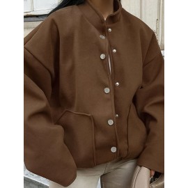 Plus Size, Women's Oversized Brown Jacket - Plus Size Casual Collar Coat with White Button Closure, Dropped Shoulder H-Line Silhouette & Chest Pocket - All-Season Outerwear for, Date, Everyday (Machine Washable) - Elegant Brown Blazer