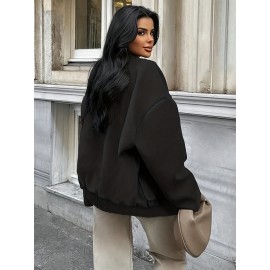 Plus Size, Women's Oversized Brown Jacket - Plus Size Casual Collar Coat with White Button Closure, Dropped Shoulder H-Line Silhouette & Chest Pocket - All-Season Outerwear for, Date, Everyday (Machine Washable) - Elegant Brown Blazer