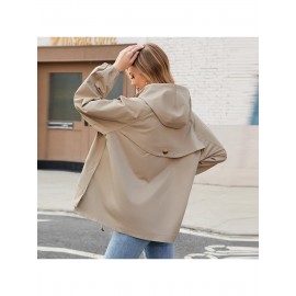 Plus Size - Plus Size Women'S Elegant Hooded Trench Coat - Loose-Fit Windproof Jacket with Double Zipper Closure, Long Sleeves & Belted Waist - /Neutral Tones - Spring/Fall