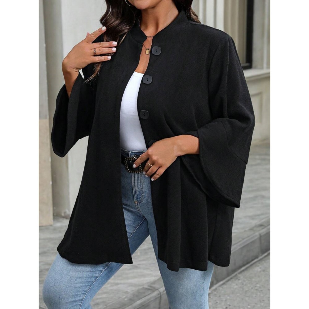 Plus Size, Plus Size Women's Winter Coats | New Outerwear Jackets | Stand Collar, Flared Sleeves, Single-Breasted Button Loose Fit Women's Clothing | Casual Office/Commuting Fashion Outerwear