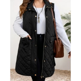 Women'S Casual Quilted Mid-Length Vest with Front Pockets - Soft Polyester, Button-Up, Loose Fit for Casual Attire, Versatile Layering Piece | Buttonfront Vest | Functional Pocket