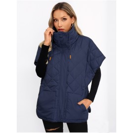 Plus Size, Women's High Quality Zip-Up Quilted Vest with High Stand Collar & Gatherable Waist - Wide-Cut Winter Coat, Full-Zip Front Closure, Machine Washable Outerwear for Casual & Formal Outfits (Solid Color, Green/Black/Navy/White) - Versatile Layering Piece, Relaxed Fit with Split Hem Design, High Quality Material for Wet Weather, Stylish and Functional Outerwear, Plus Size Fall Clothes